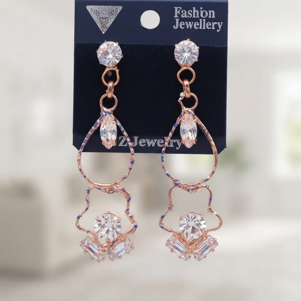 Rose gold fashion drop earring featuring a multi-tiered, geometric dangling design
