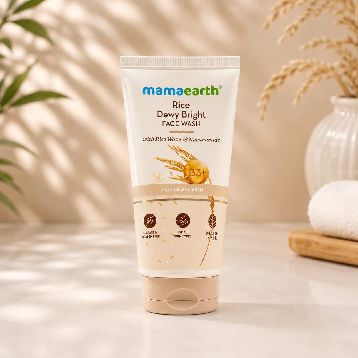 Mamaearth Rice Dewy Bright Face Wash tube formulated with Rice Water and Niacinamide