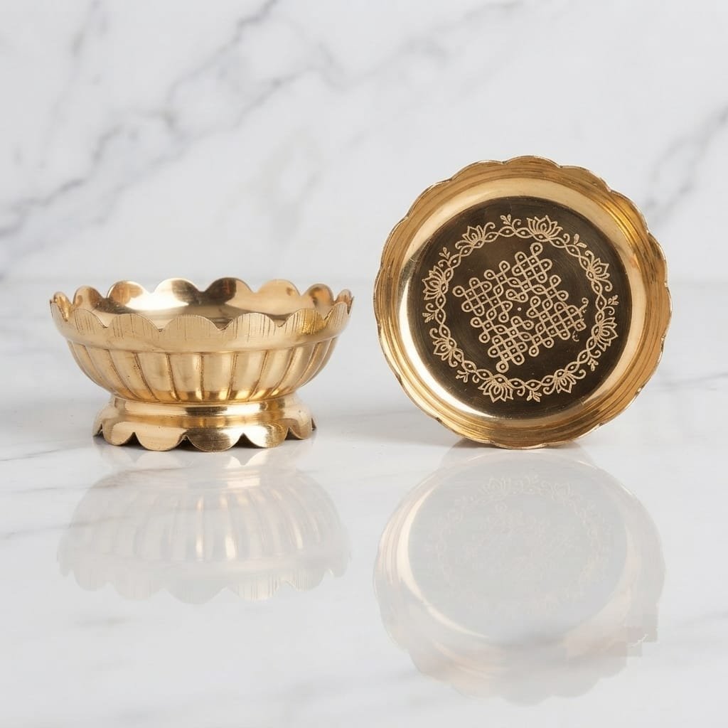 Gold-Finish Puja Thali with Kolam Design, Scalloped Edge 4 inch Size | Festive Pooja Use, Kolam Engraving, Scalloped Border, Shiny Gold Finish, Traditional Decor