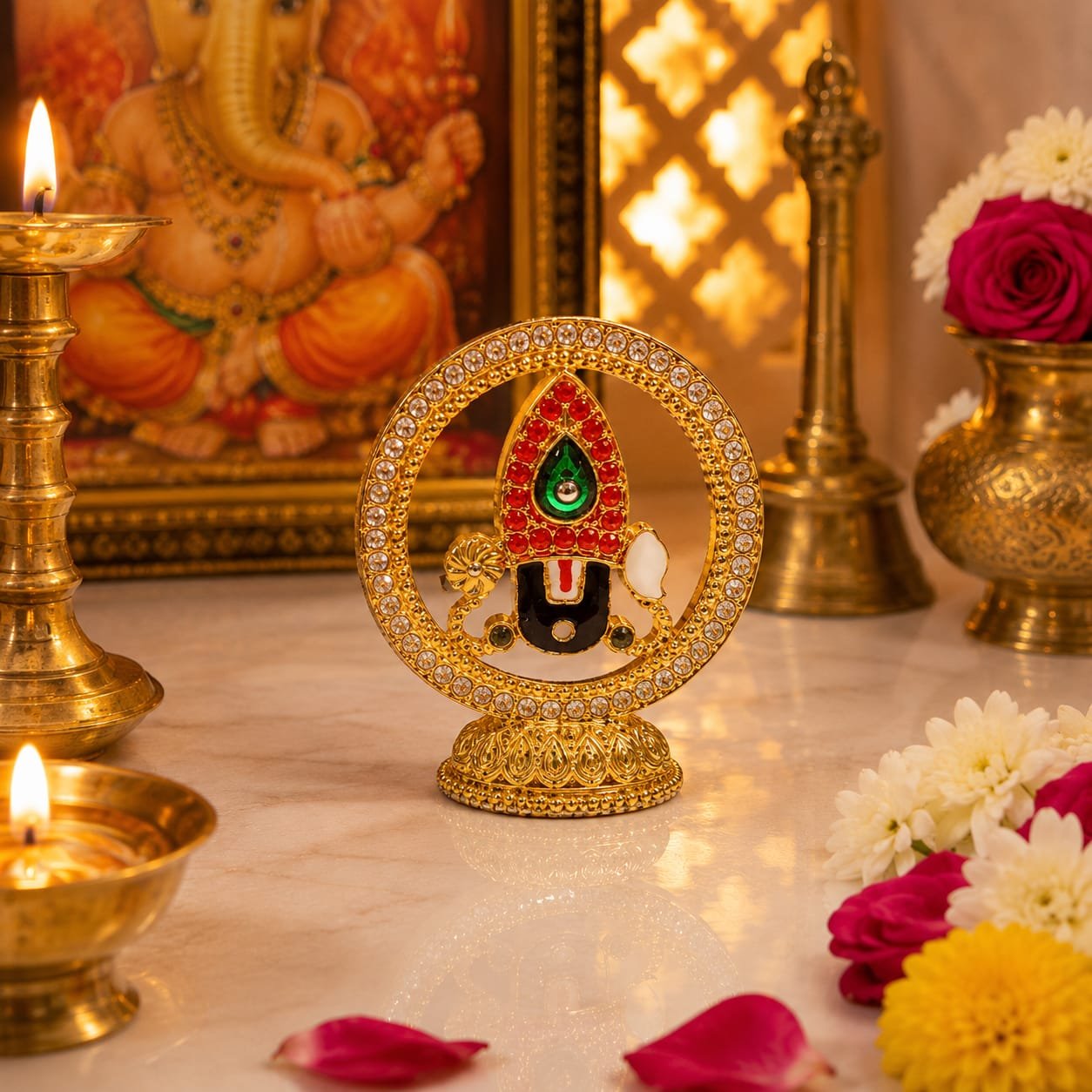 Tirupati Balaji (Lord Venkateswara) decorative showpiece featuring colorful crystal stones and a circular arch frame.