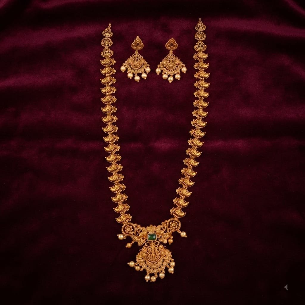 Latest Peacock Design Brass Gold Plated Golden Bead Pearl Long