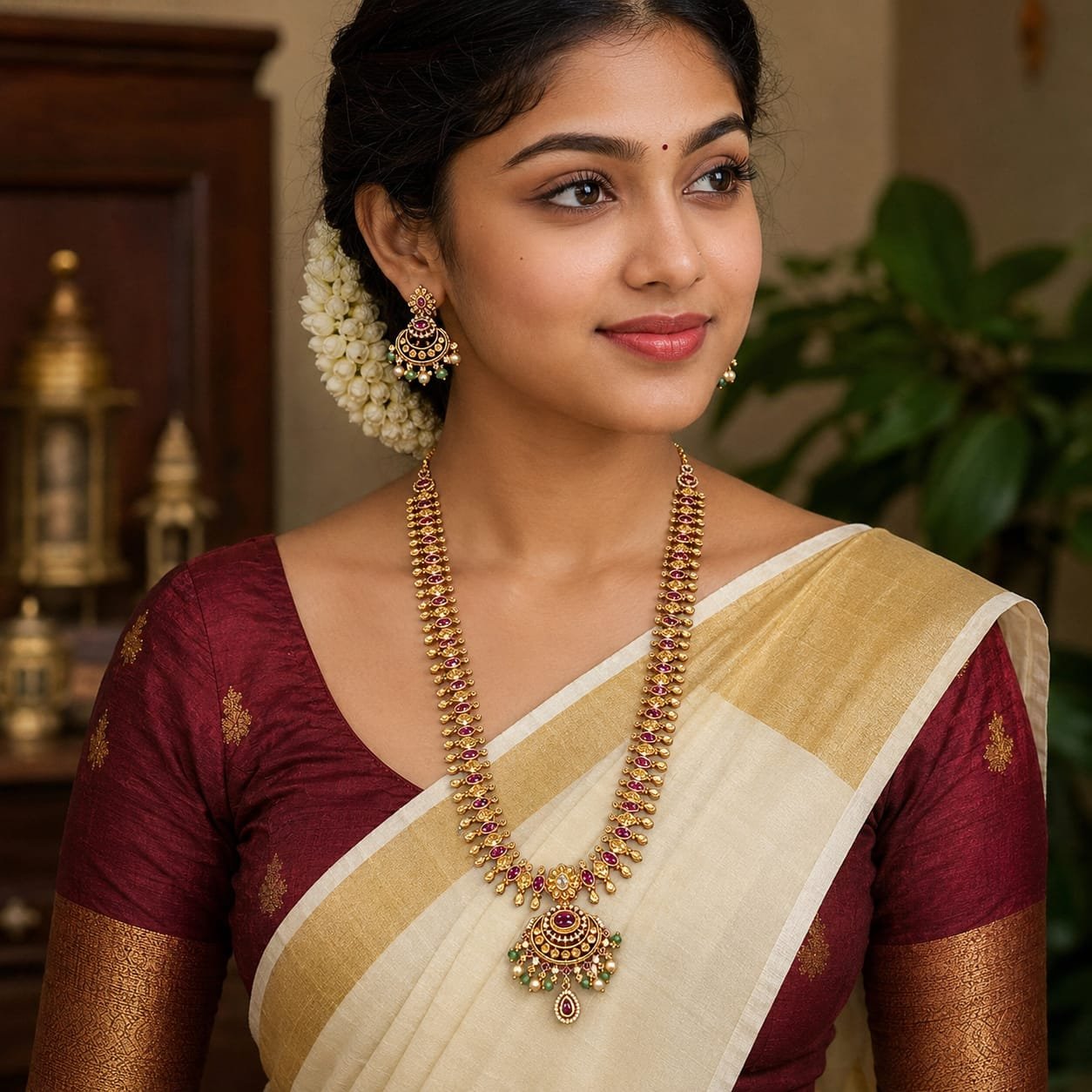 Traditional South Indian Imitation long haram set with ruby and green stone accents.
