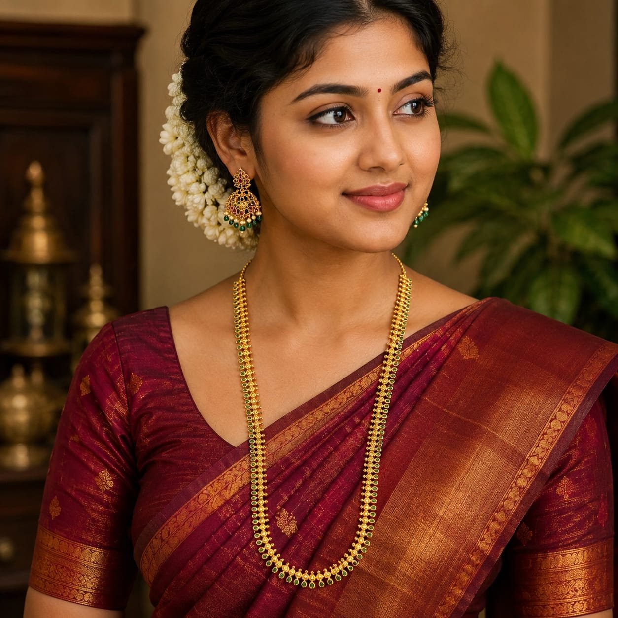 Traditional Imitation long temple necklace with delicate beaded accents  and matching drop earrings.