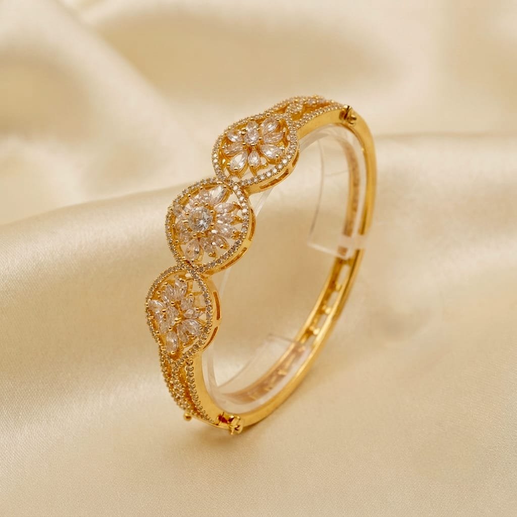 Elegant imitation openable bangle bracelet featuring three sparkling floral clusters adorned with marquise-cut American diamonds.