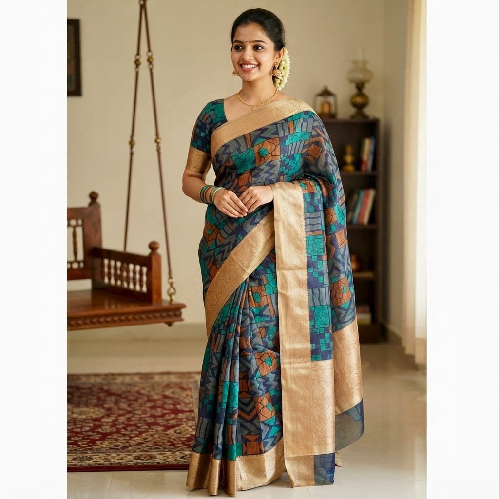 Exclusive teal and navy blue geometric-patterned saree complemented by a wide gold zari border.
