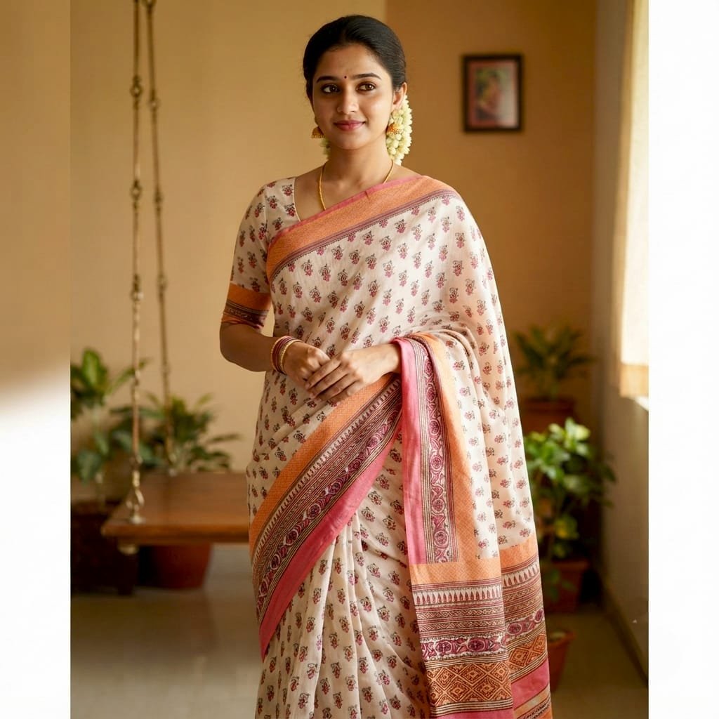 Elegant off-white and pink block-print linen blend saree featuring traditional ethnic motifs and a contrasting printed border.