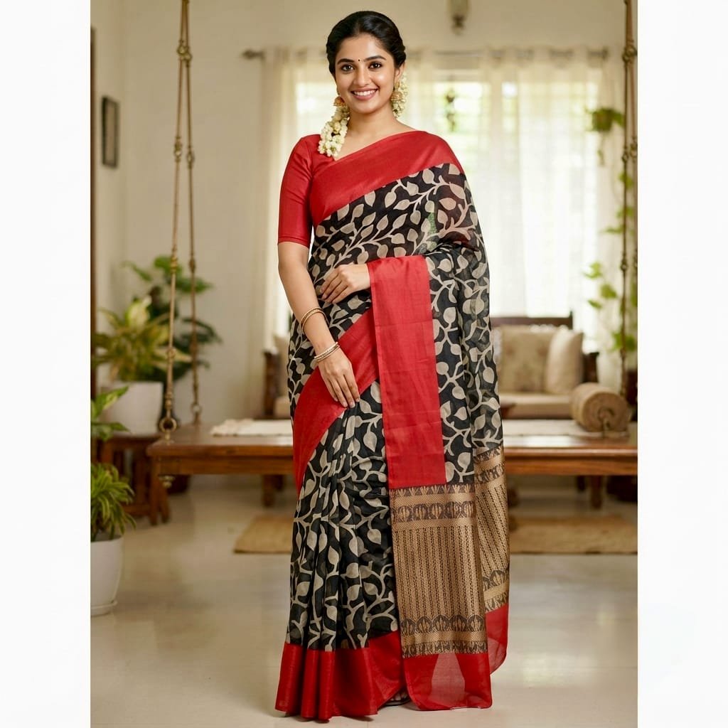 Good Looking Red Color Border with Biege Color Leaf Pattern.