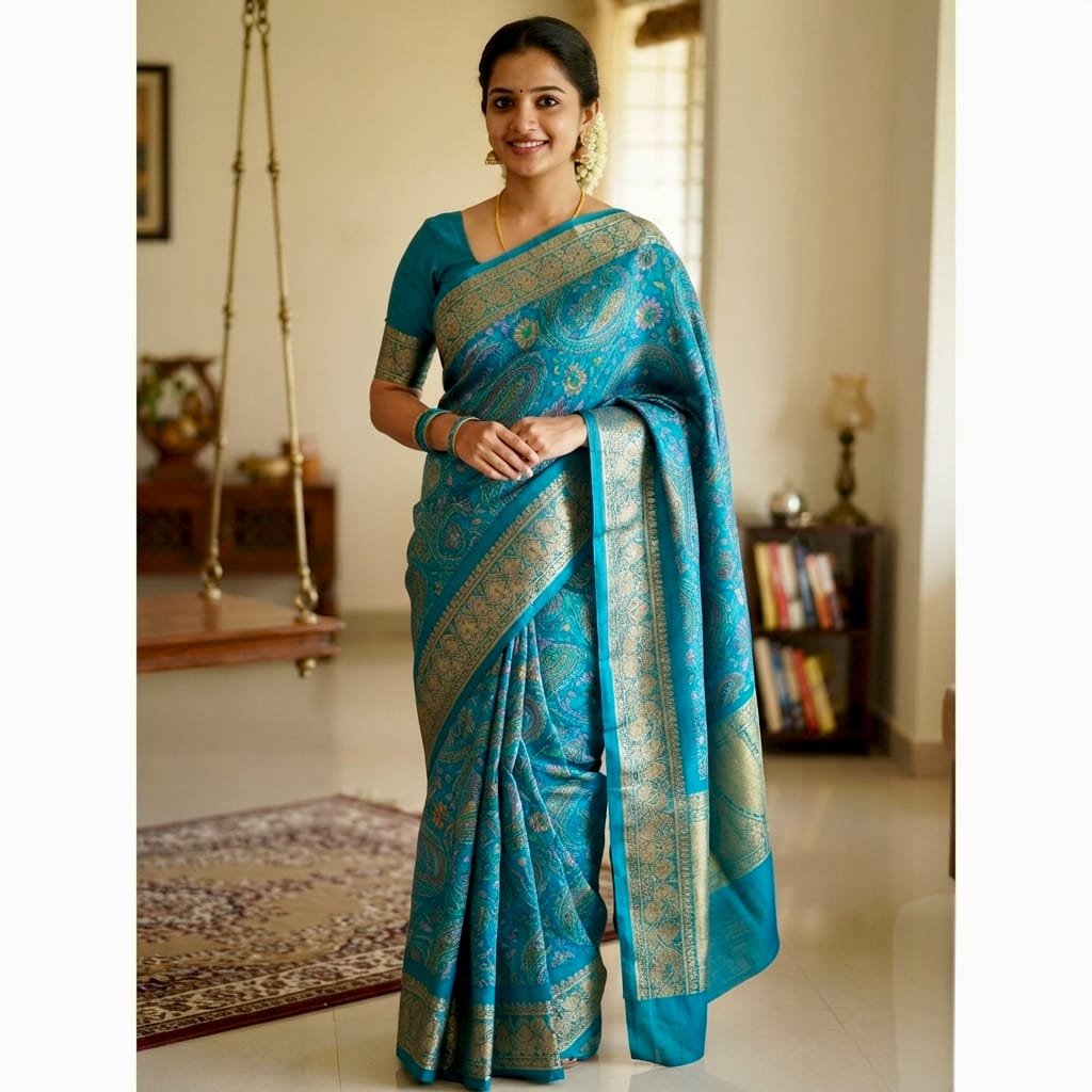 Blue and golden woven saree with traditional ethnic motifs and a matching  blouse