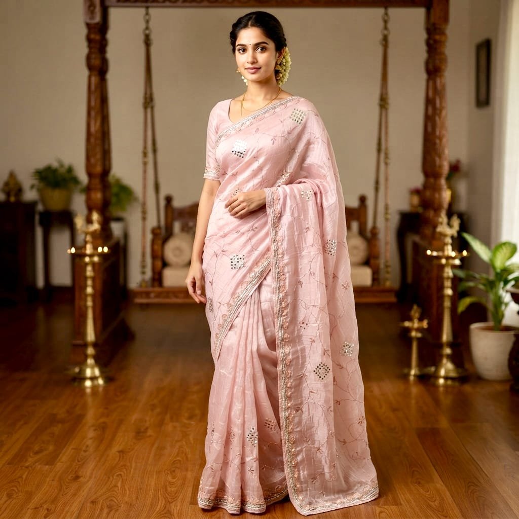 Elegant light pink organza saree adorned with delicate embroidery and subtle embellishments.