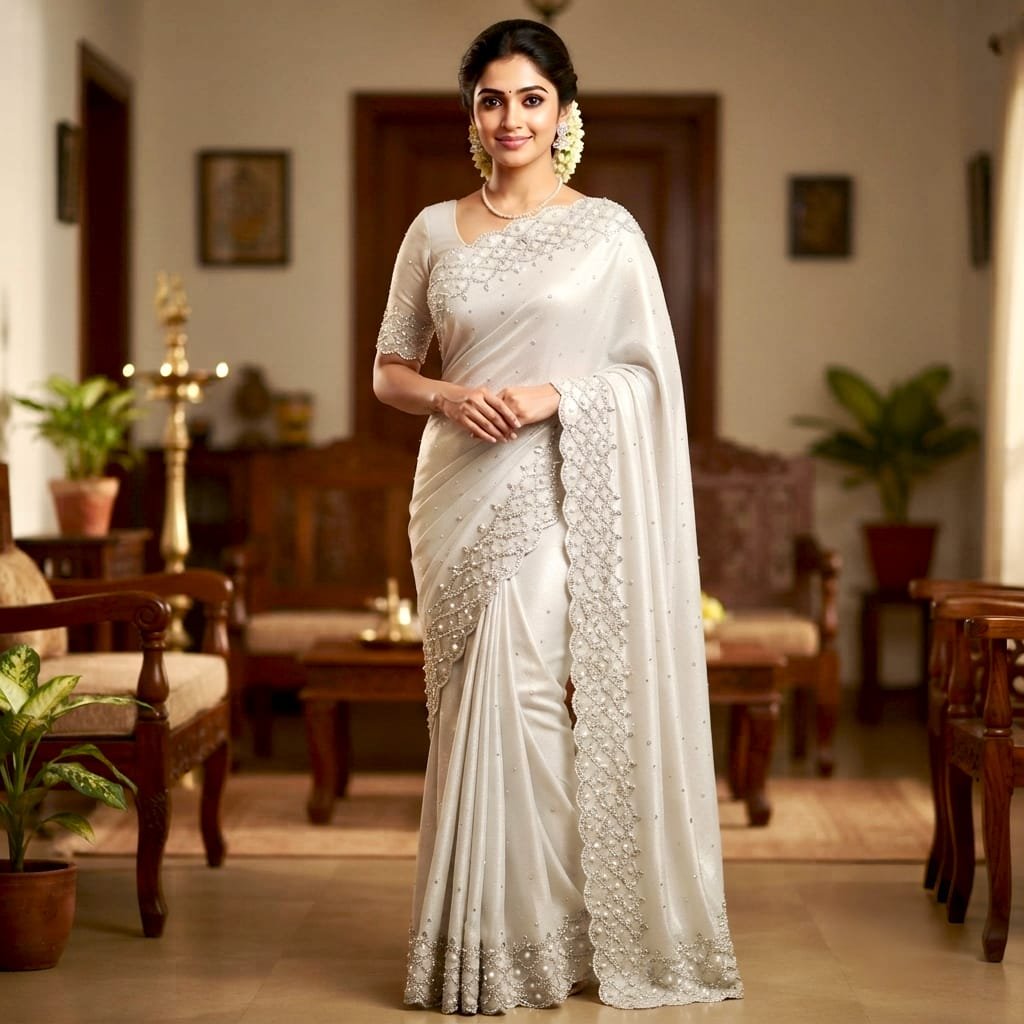 Gorgeous ivory or off-white shimmer saree adorned with exquisite hand-embellishment.