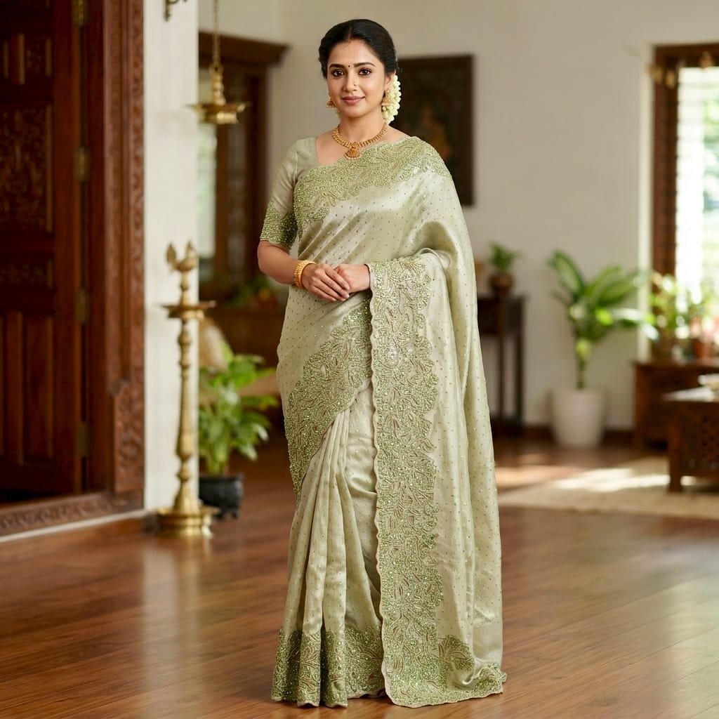 Beautiful Olive green silk saree featuring intricate floral embroidery along its scalloped border.