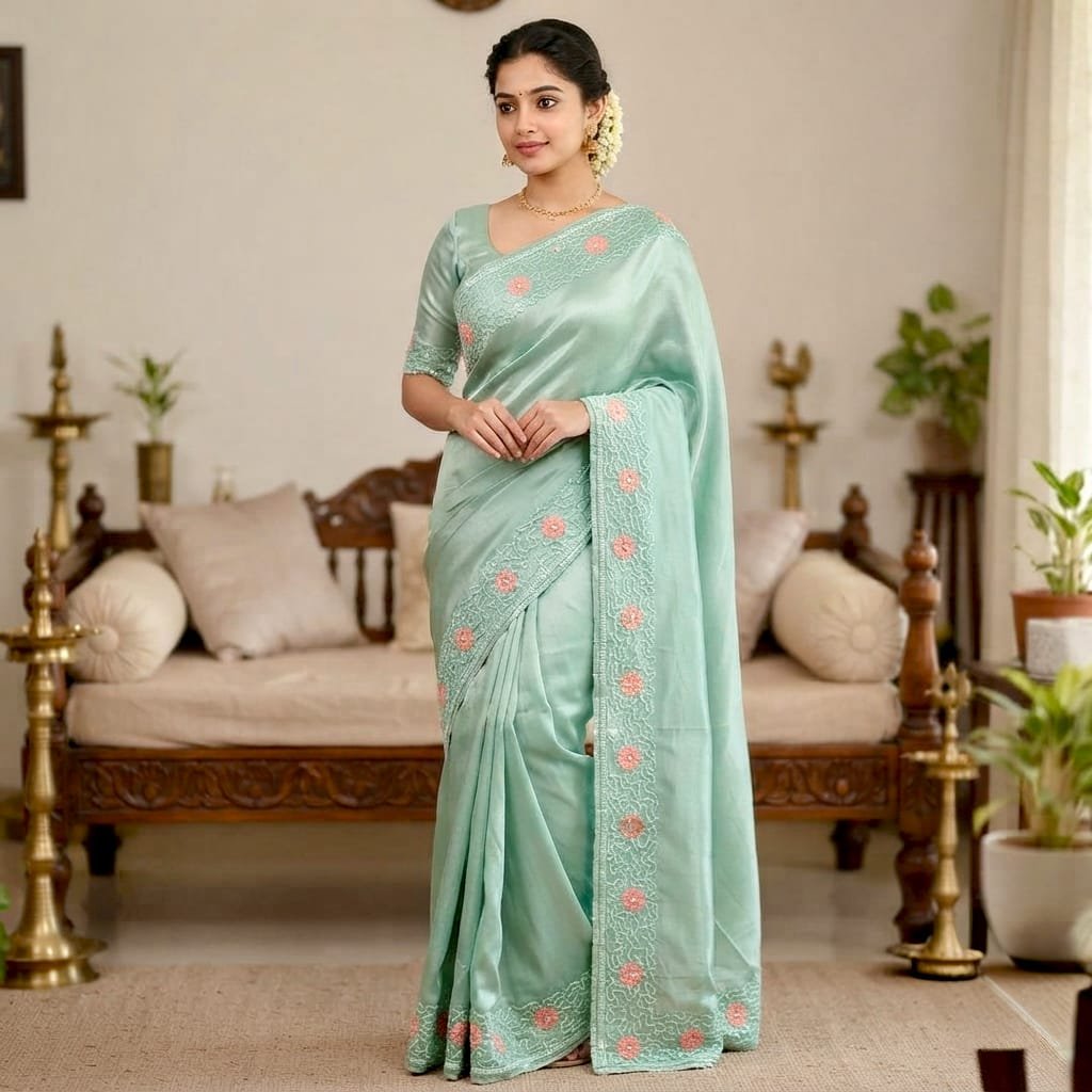 Exclusive mint green satin silk saree featuring distinct peach-pink and gold floral embroidery along its borders.