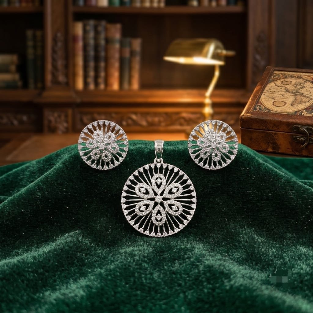 The selected region shows a silver-toned, circular floral-motif pendant adorned with sparkling cubic zirconia, matching the nearby studs
