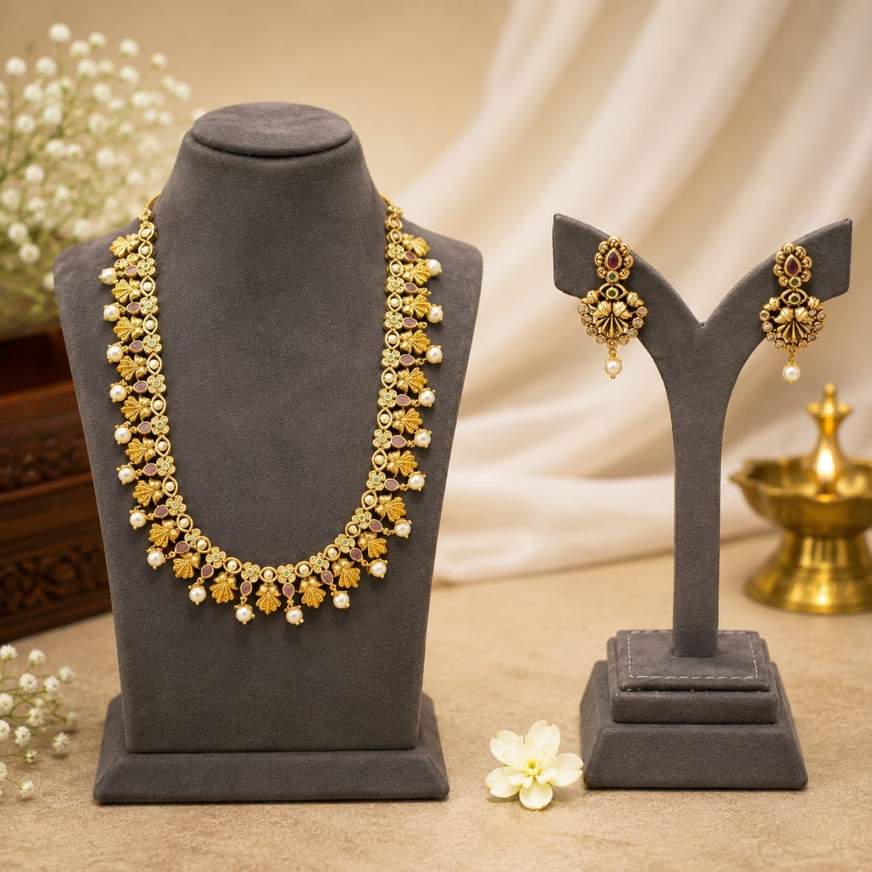 Non - alergy antique-style imitation long Haram featuring floral and leaf motifs studded with red and white stones, accented with hanging pearl drops.