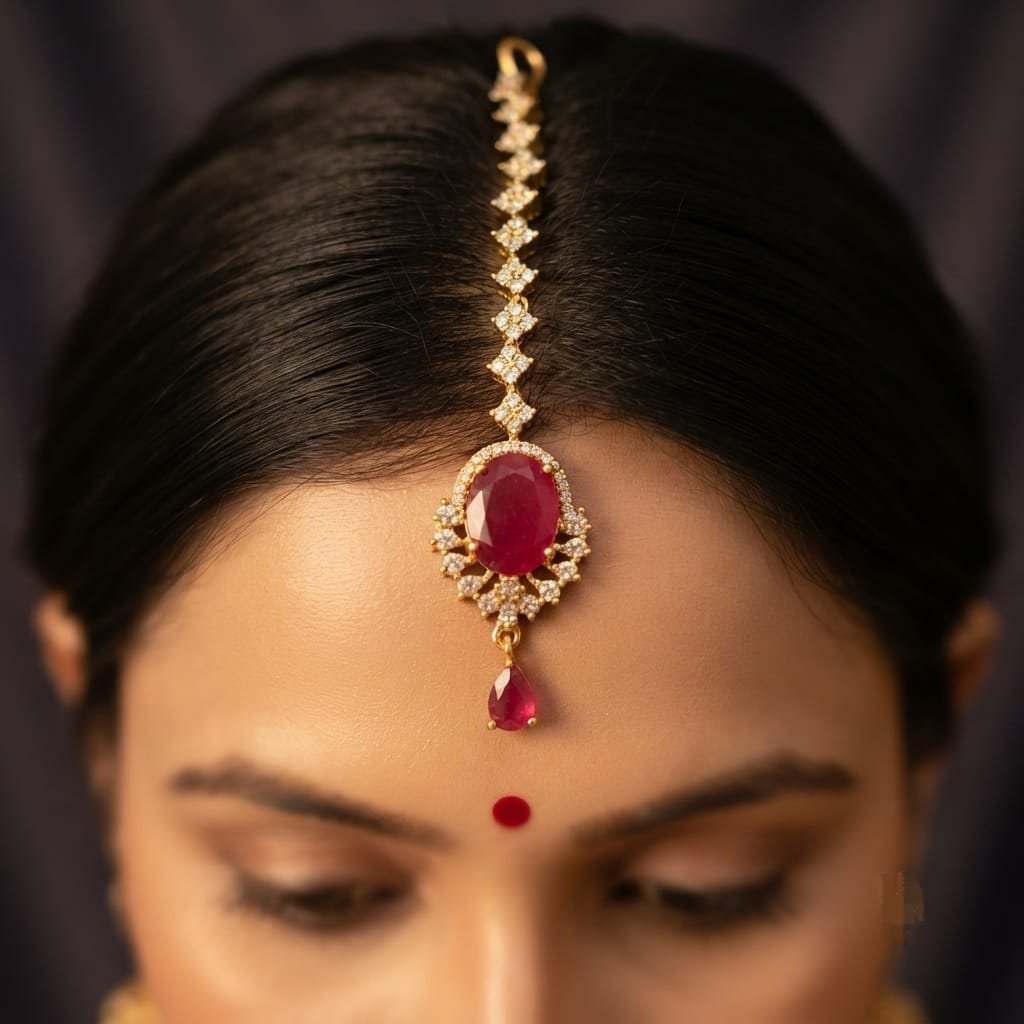 Elegant gold-plated maang tikka featuring a striking oval ruby centerpiece surrounded by sparkling zircon stones.