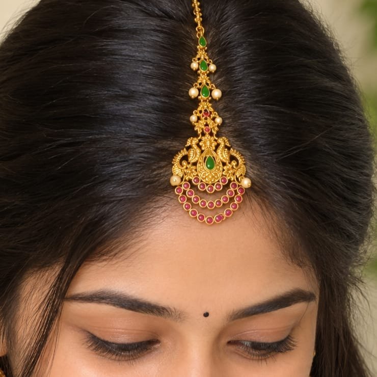 Traditional matte Imitation maang tikka featuring peacock motifs accented with ruby and emerald-colored stones and delicate pearl