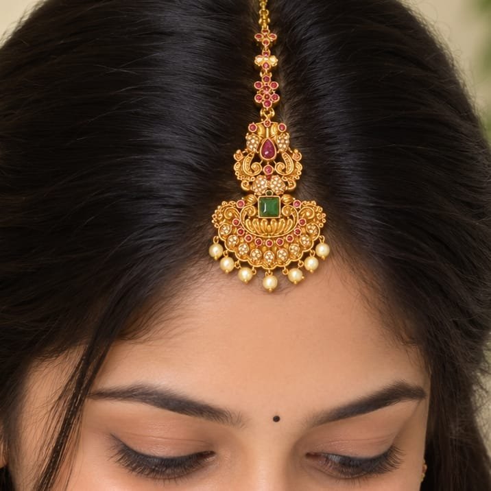 Unique  gold-plated maang tikka featuring intricate temple jewellery design, embellished with ruby and emerald-colored artificial stones and dangling pearl beads.