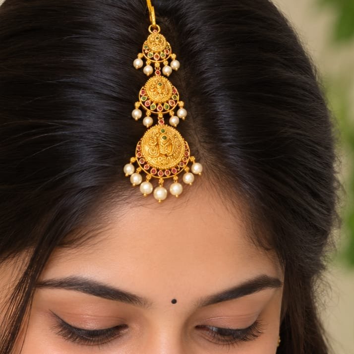 Imitation maang tikka adorned with ruby-colored and green stones, accented with hanging pearl beads along the edge.