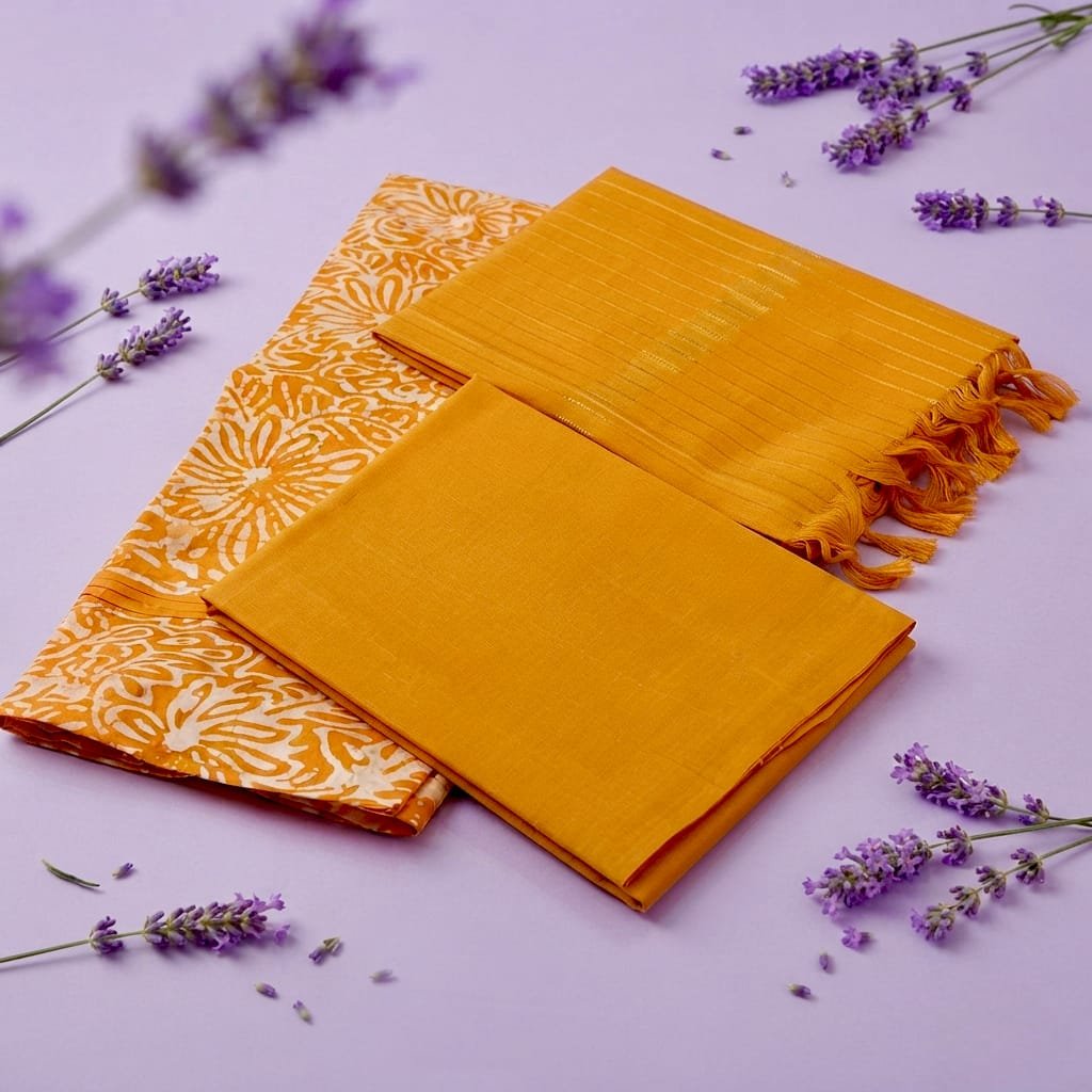 Mustard yellow unstitched cotton dress material set featuring a vibrant floral block print and a striped dupatta.