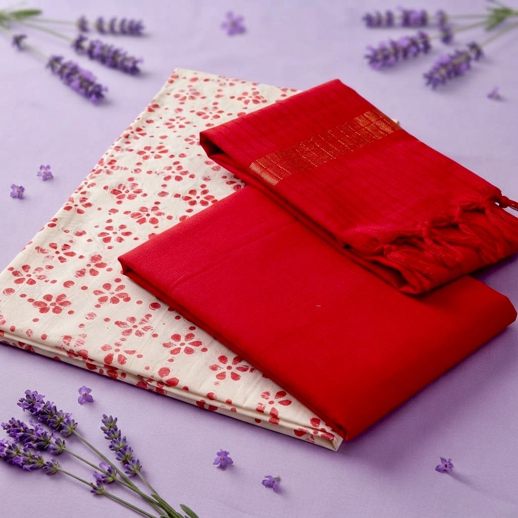 Unstitched cotton salwar suit material set featuring a solid red top fabric, a matching red dupatta with a gold zari border and tassels, and an off-white cotton bottom fabric with a red floral/block print pattern.