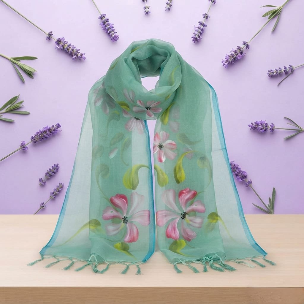Delicate sky-green organza scarf featuring lovely hand-painted pink floral details.