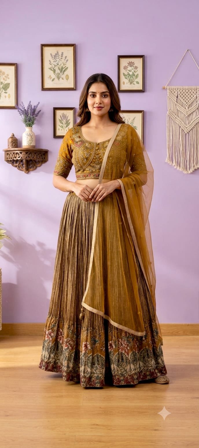 Mustard yellow and gold traditional lehenga choli set